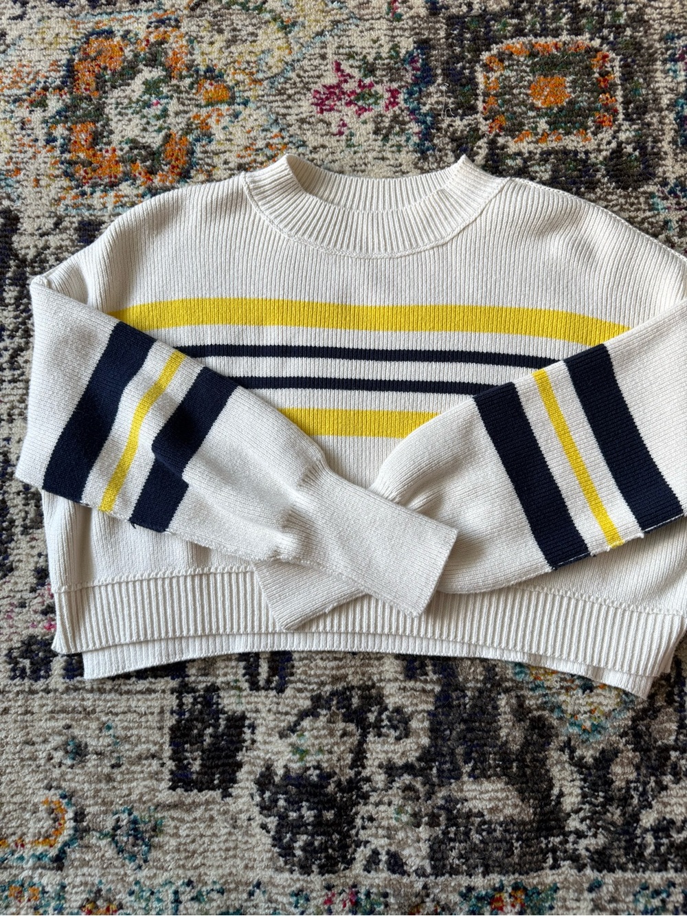 Free People White Crewneck Sweater with Navy & Yellow Stripes